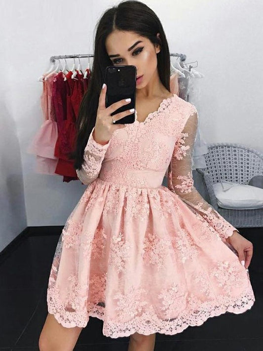 Lace Long A-Line/Princess Sleeves Applique V-neck Short/Mini Dresses