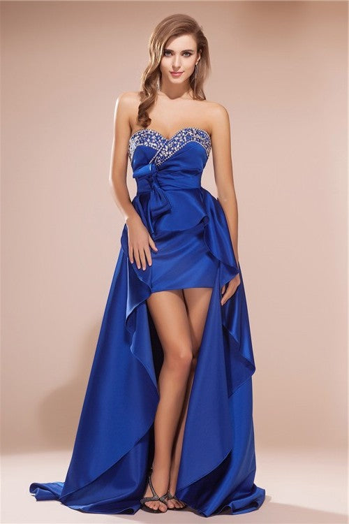 High Sweetheart Rhinestone Sleeveless A-Line/Princess Low Satin Dresses