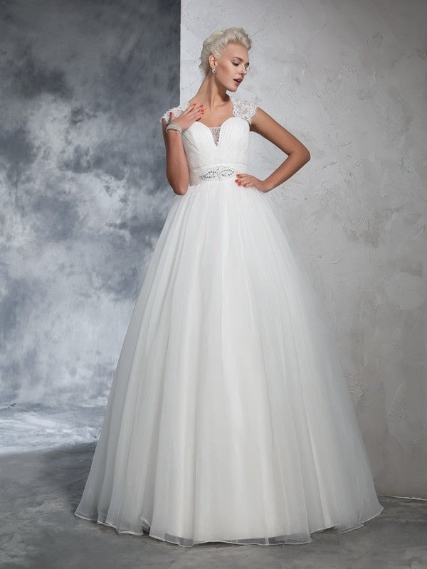 Gown Ball Sweetheart Ruched Sleeveless Long Tulle Wedding Dresses