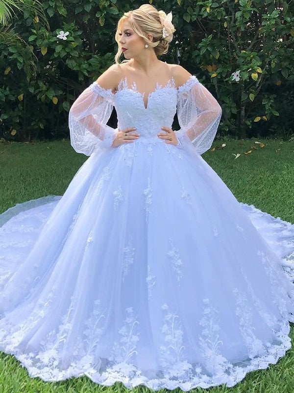 Off-the-Shoulder Tulle Applique Gown Ball Court Long Sleeves Train Wedding Dresses