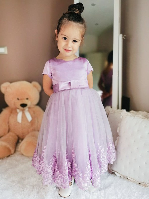 Scoop Ankle-Length Short A-Line/Princess Sleeves Lace Tulle Flower Girl Dresses