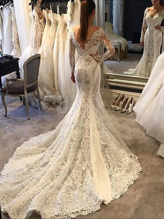 Trumpet/Mermaid Train Long Sleeves V-neck Court Lace Wedding Dresses