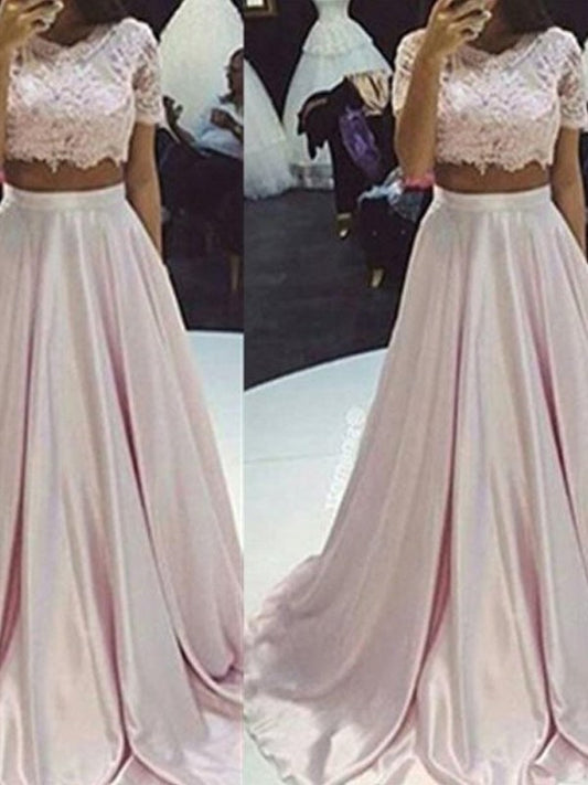 Satin Floor-Length Lace Silk Scoop A-Line/Princess Sleeveless like Two Piece Dresses