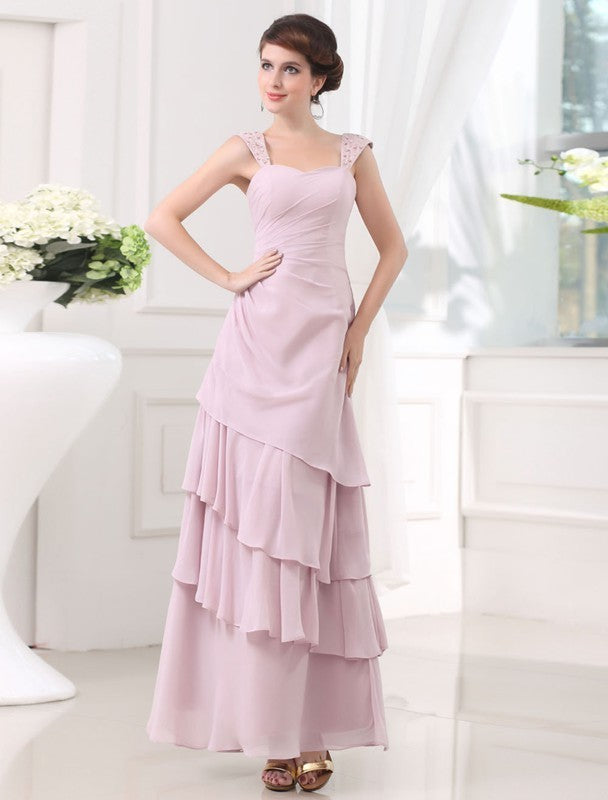 Sleeveless A-Line/Princess Layered Beading Straps Chiffon Long Dresses