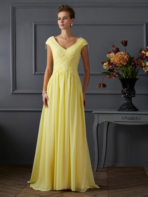 Short V-neck Sleeves A-Line/Princess Pleats Long Chiffon Dresses