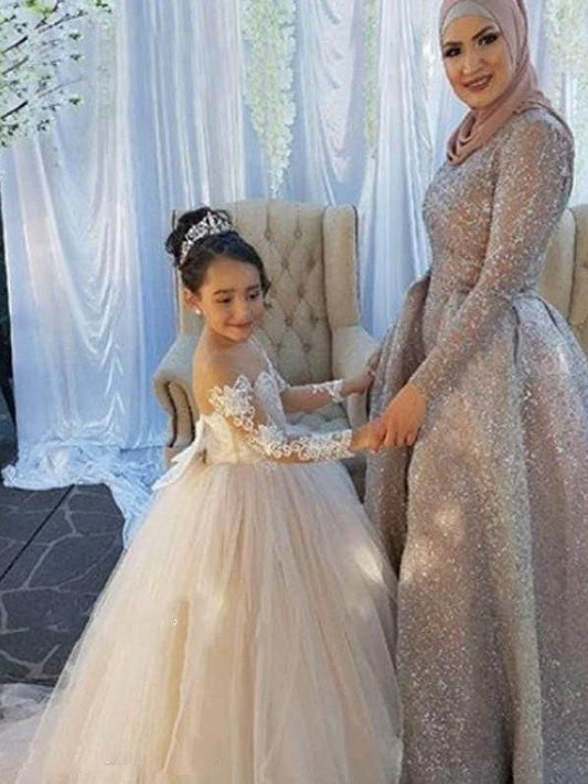 Train Long Sweep/Brush Sleeves Off-the-Shoulder Ball Applique Tulle Gown Flower Girl Dresses