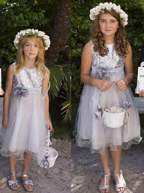 Flower Tea-Length Sleeveless Tulle Hand-Made A-Line/Princess Scoop Flower Girl Dresses