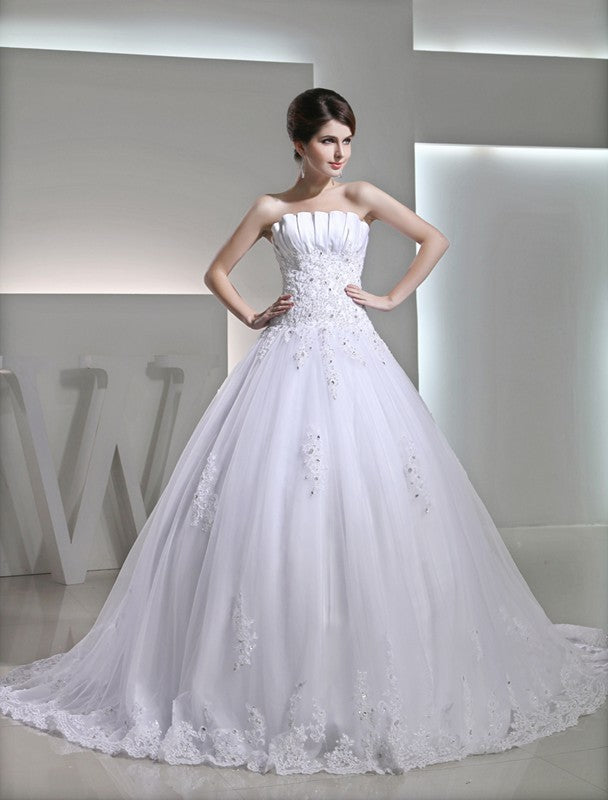 Gown Strapless Sleeveless Satin Ball Beading Applique Wedding Dresses