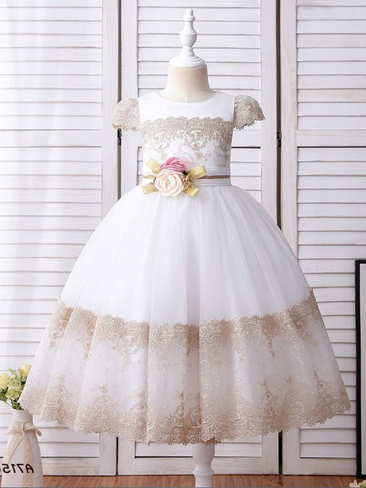 Hand-Made Ankle-Length Gown Scoop Ball Short Sleeves Flower Lace Flower Girl Dresses