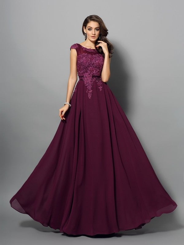 A-Line/Princess Sleeveless Scoop Applique Long Chiffon Dresses