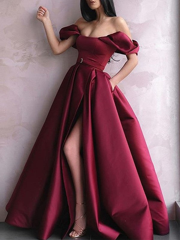 Off-the-Shoulder Satin A-Line/Princess Sash/Ribbon/Belt Floor-Length Sleeveless Dresses