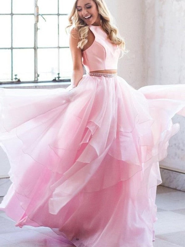 Tulle Scoop Beading Floor-Length A-Line/Princess Sleeveless Two Piece Dresses