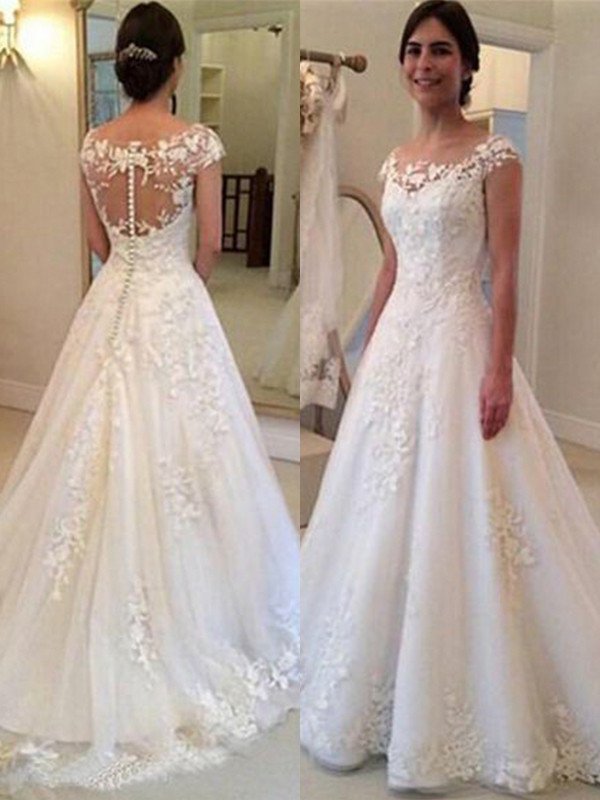Scoop A-Line/Princess Lace Sleeveless Sweep/Brush Train Tulle Wedding Dresses
