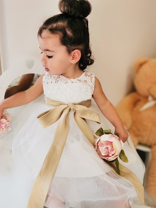 Scoop Tulle A-Line/Princess Knee-Length Sleeveless Sash/Ribbon/Belt Flower Girl Dresses