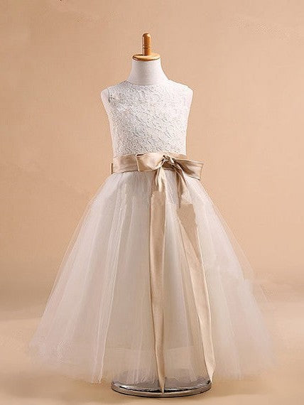 Ball Sleeveless Gown Jewel Bowknot Long Tulle Dresses
