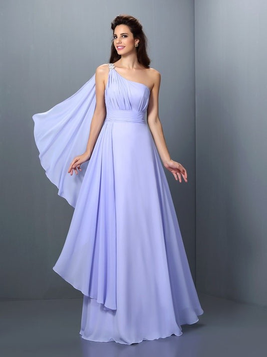 A-Line/Princess One-Shoulder Long Sleeveless Pleats Chiffon Bridesmaid Dresses