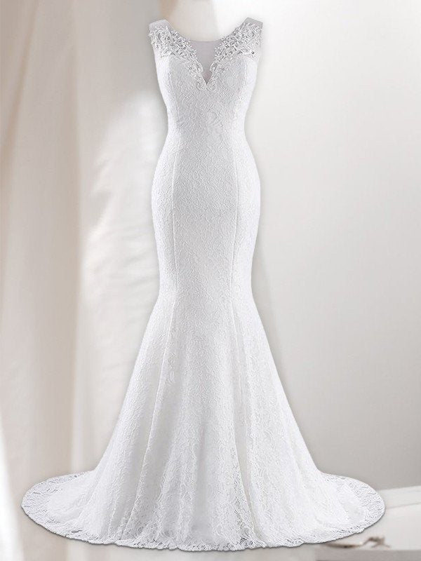 Trumpet/Mermaid Sleeveless Sweep/Brush Lace V-neck Train Wedding Dresses