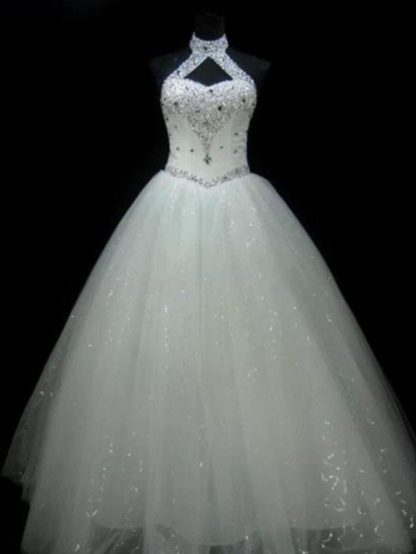 Floor-Length Sequin Sleeveless Halter Ball Gown Beading Tulle Wedding Dresses