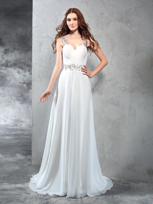 Pleats Sleeveless Sweetheart Long A-Line/Princess Chiffon Wedding Dresses