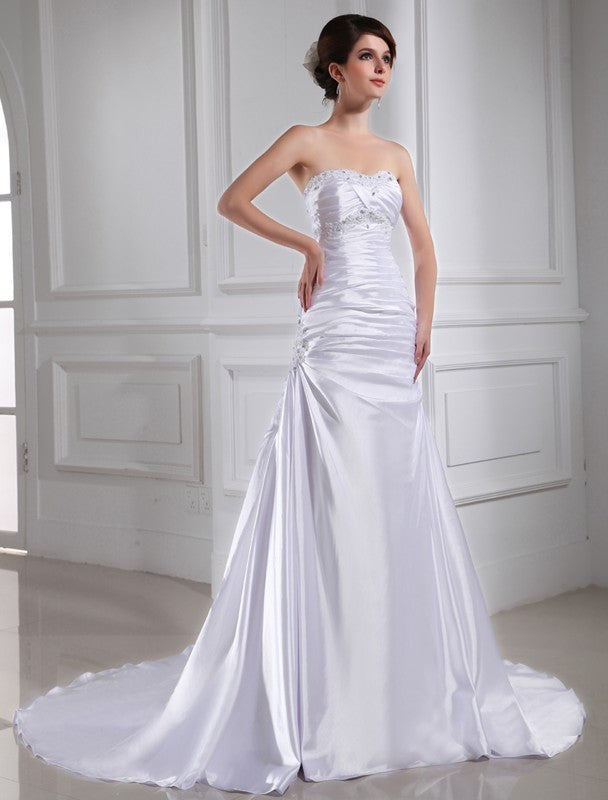 Woven A-Line/Princess Sleeveless Applique Elastic Beading Satin Wedding Dresses