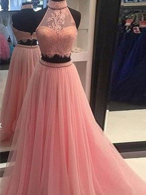 High A-Line/Princess Neck Sleeveless Lace Tulle Floor-Length Two Piece Dresses