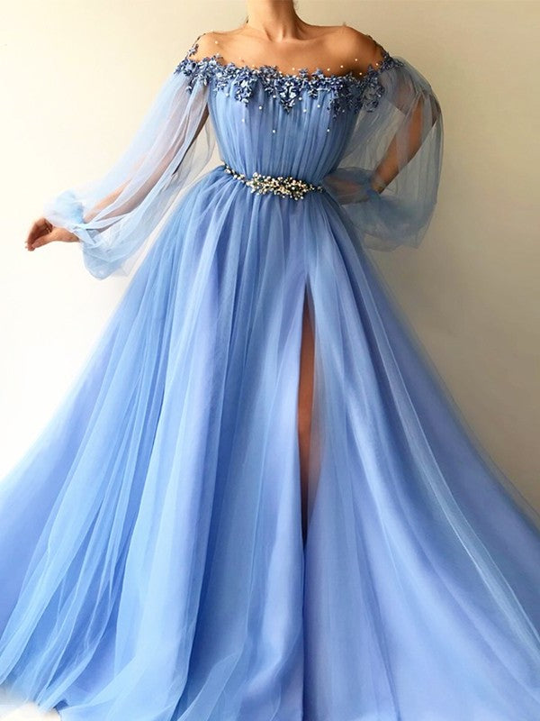 Long Sleeves A-Line/Princess Tulle Off-the-Shoulder Beading Floor-Length Dresses