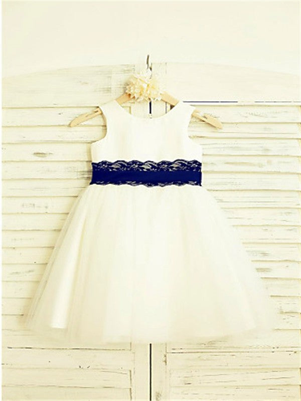 Tea-Length Tulle Scoop A-line/Princess Sleeveless Lace Flower Girl Dresses