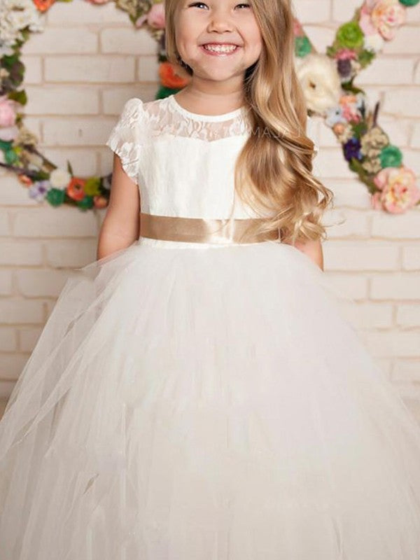 Floor-Length Sleeves Lace A-Line/Princess Tulle Scoop Short Flower Girl Dresses