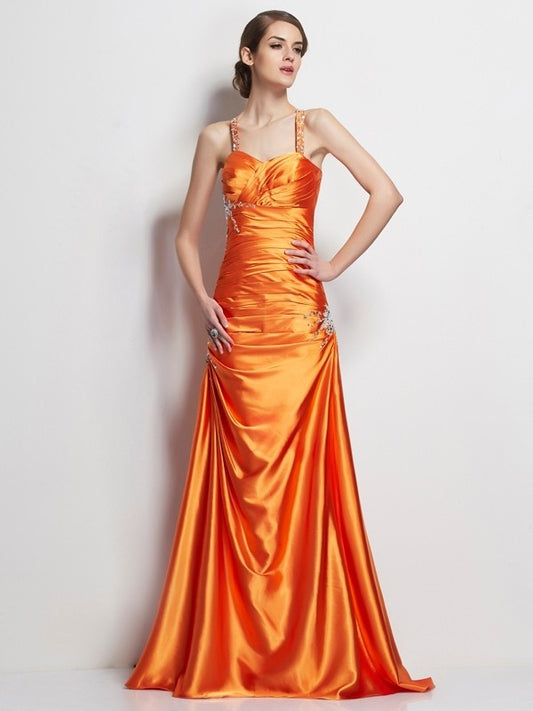 Spaghetti Straps Beading Elastic A-Line/Princess Long Sleeveless Woven Satin Dresses