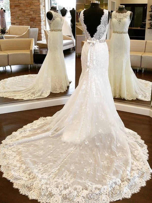 Lace Scoop Bowknot Chapel Sheath/Column Sleeveless Train Wedding Dresses