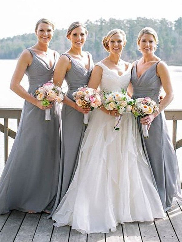 Floor-Length Sleeveless V-neck A-Line/Princess Chiffon Bridesmaid Dresses