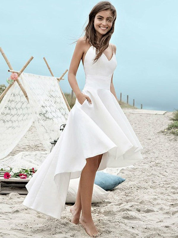 A-Line/Princess Ruched Sleeveless Spaghetti Satin Straps Asymmetrical Wedding Dresses