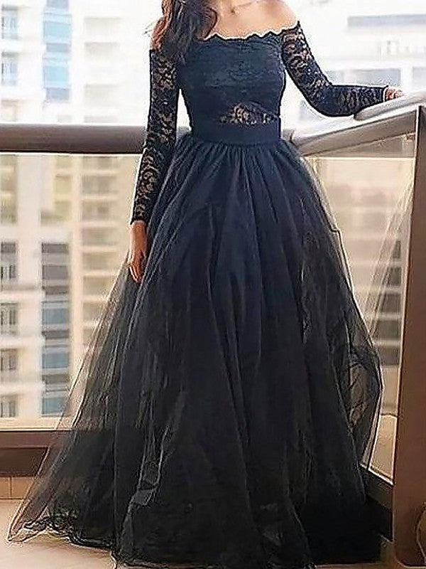 Off-the-Shoulder Long A-Line/Princess Lace Sleeves Floor-Length Tulle Dresses