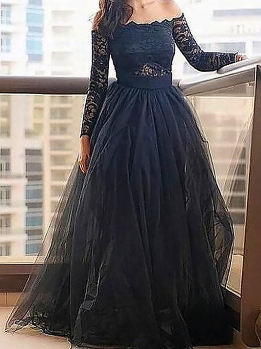 Off-the-Shoulder Long A-Line/Princess Lace Sleeves Floor-Length Tulle Dresses