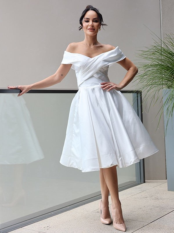 A-Line/Princess Off-the-Shoulder Satin Sleeveless Ruffles Knee-Length Wedding Dresses