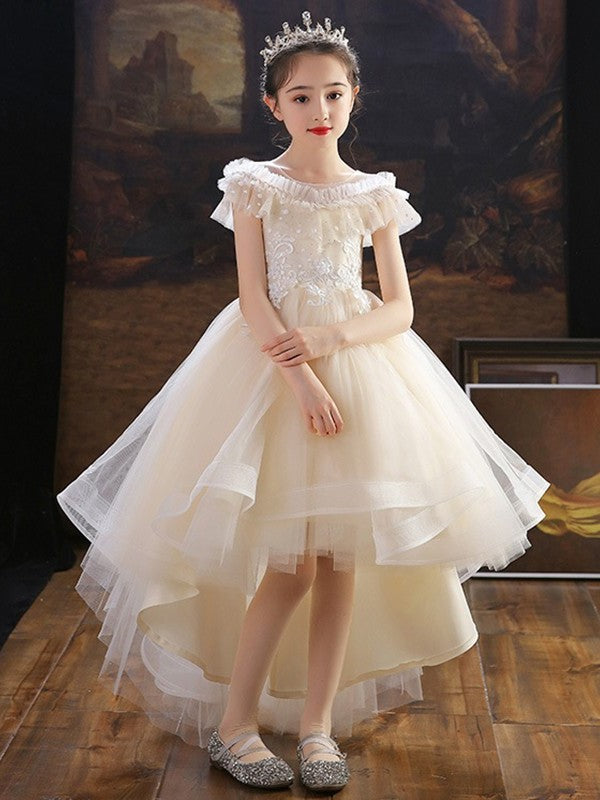 Sleeves A-Line/Princess Applique Off-the-Shoulder Short Tulle Asymmetrical Flower Girl Dresses