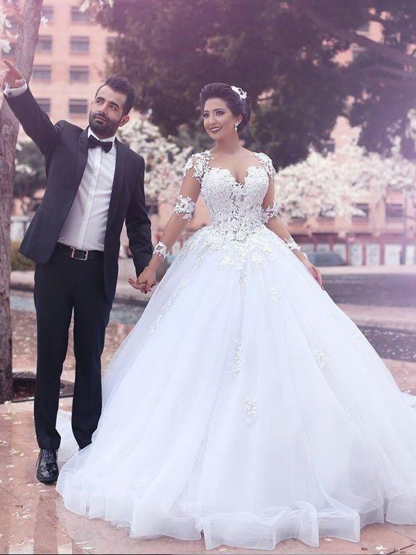 Train Sleeves Gown Long Court Sweetheart Ball Tulle Wedding Dresses