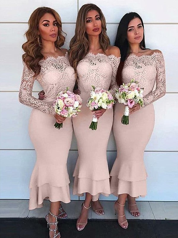 Sleeves Lace Off-the-Shoulder Stretch Ankle-Length Long Sheath/Column Crepe Bridesmaid Dresses