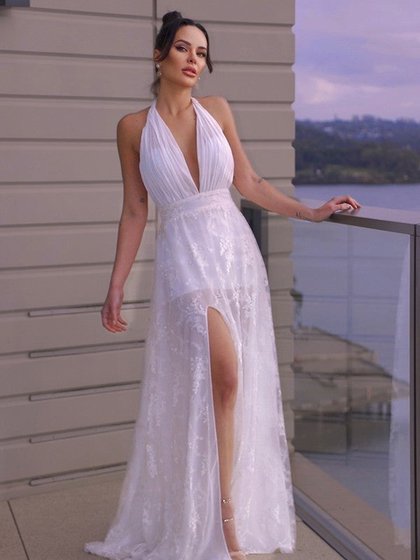 Halter A-Line/Princess Ruched Lace Sleeveless Floor-Length Wedding Dresses
