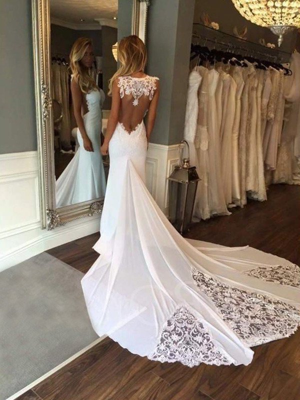 Applique Cathedral Train Sweetheart Sleeveless Trumpet/Mermaid Lace Wedding Dresses