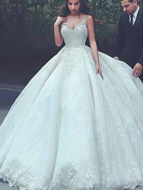 Ball Lace Sleeveless Train Spaghetti Gown Sweep/Brush Straps Tulle Wedding Dresses