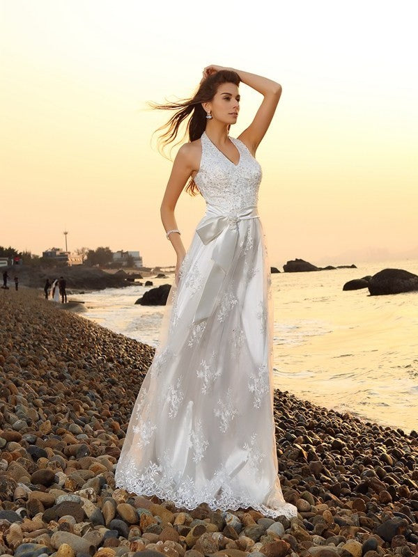 Long A-Line/Princess Sash/Ribbon/Belt Sleeveless Halter Lace Beach Wedding Dresses