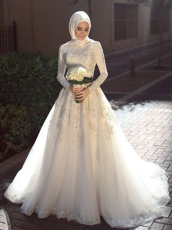 Long Train Applique Ball Sleeves Gown Sweep/Brush Jewel Tulle Wedding Dresses