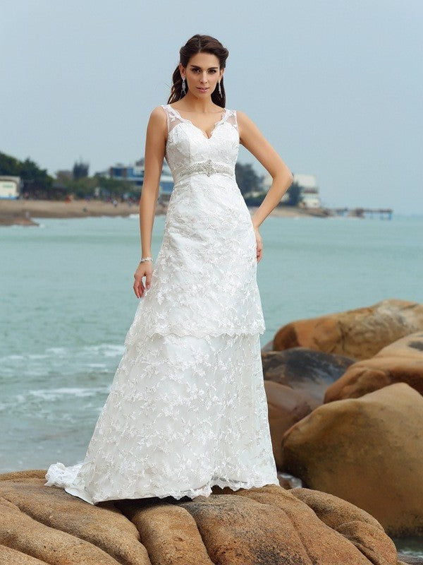 Straps Applique Sleeveless Satin Long A-Line/Princess Beach Wedding Dresses