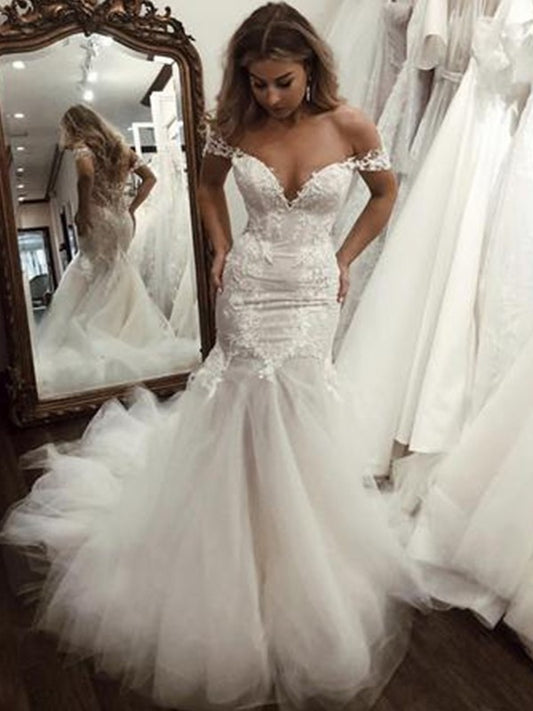 Sweep/Brush Trumpet/Mermaid Tulle Sleeveless Off-the-Shoulder Applique Train Wedding Dresses