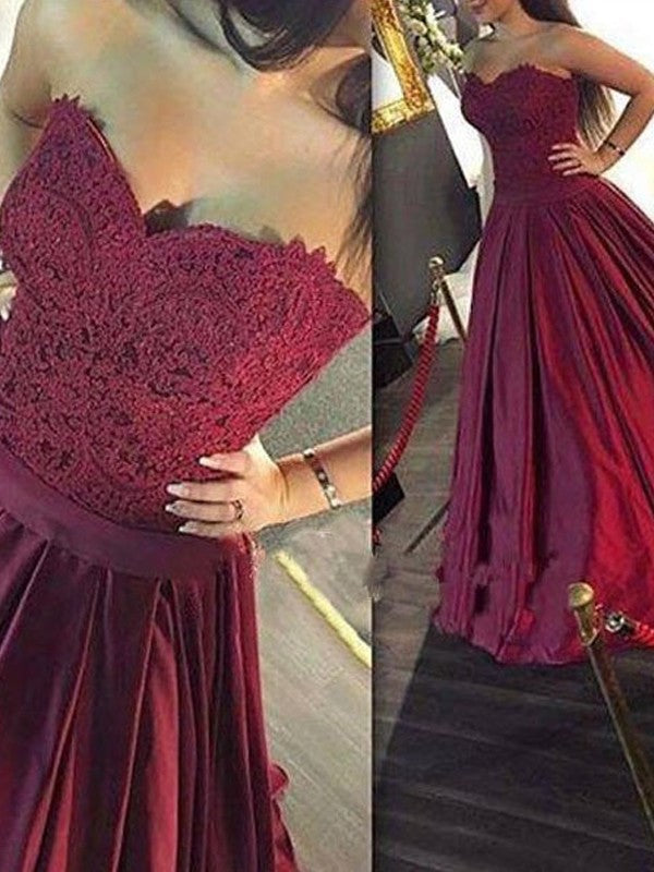 Sweetheart Sleeveless A-Line/Princess Lace Satin Floor-Length Dresses