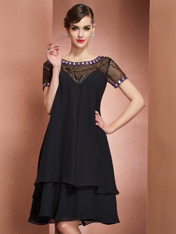 Sleeves Chiffon Beading Scoop of Short A-Line/Princess Short Mother the Bride Dresses