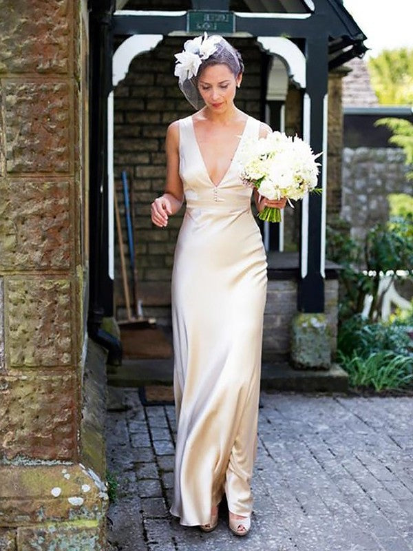 V-neck Sheath/Column Sleeveless Satin Floor-Length Wedding Dresses