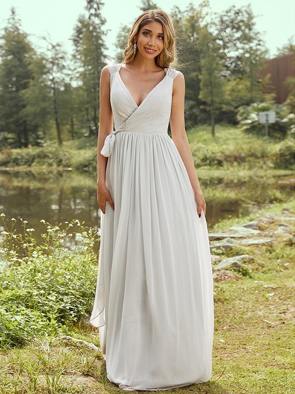 A-Line/Princess Sleeveless V-neck Ruffles Chiffon Floor-Length Bridesmaid Dresses