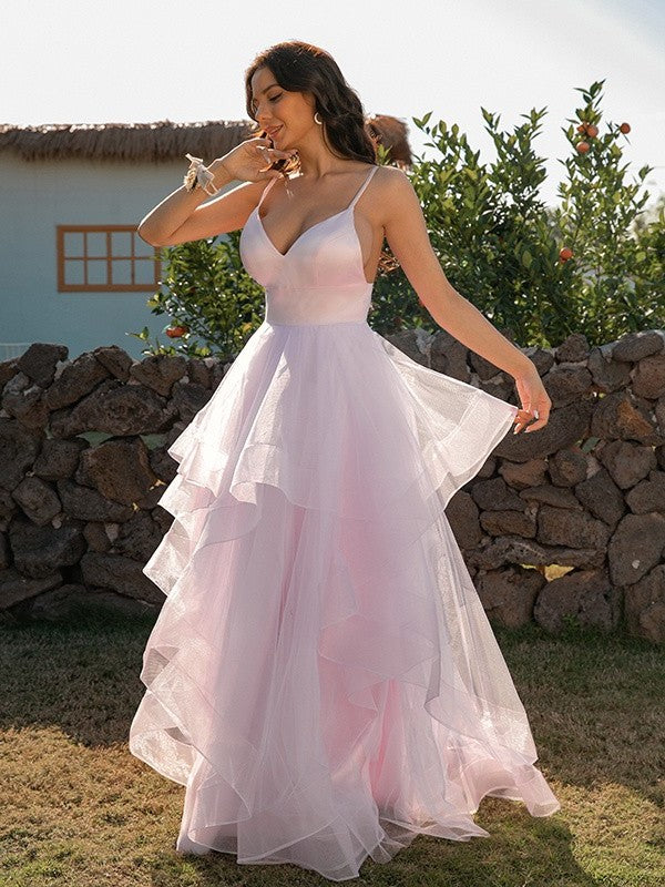 Ruffles Tulle A-Line/Princess V-neck Sleeveless Floor-Length Dresses